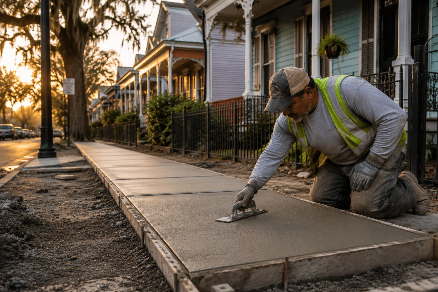 Construction worker finishing concrete at sunset